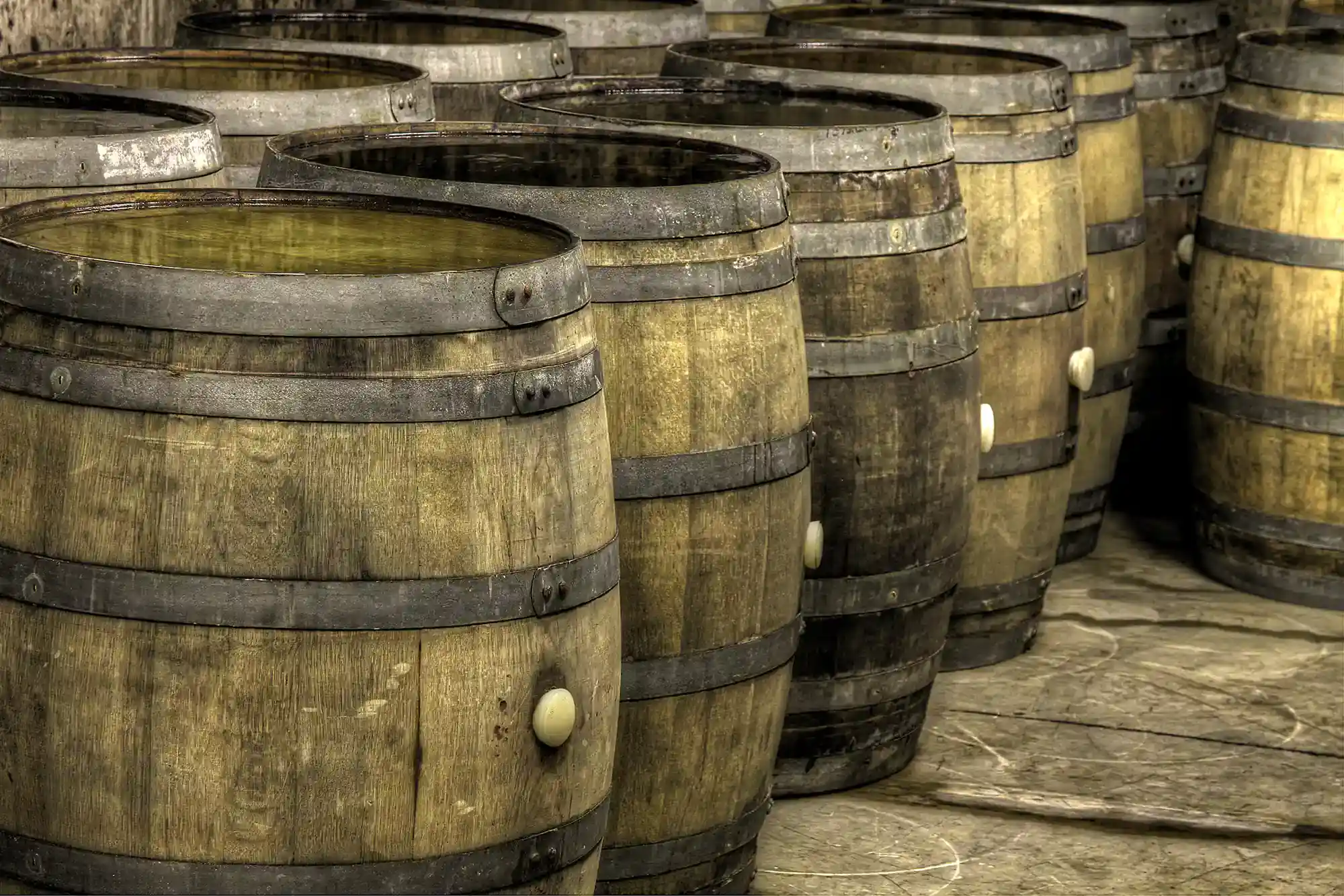 Oak casks aging in the wine cellar at Valiant Vineyards