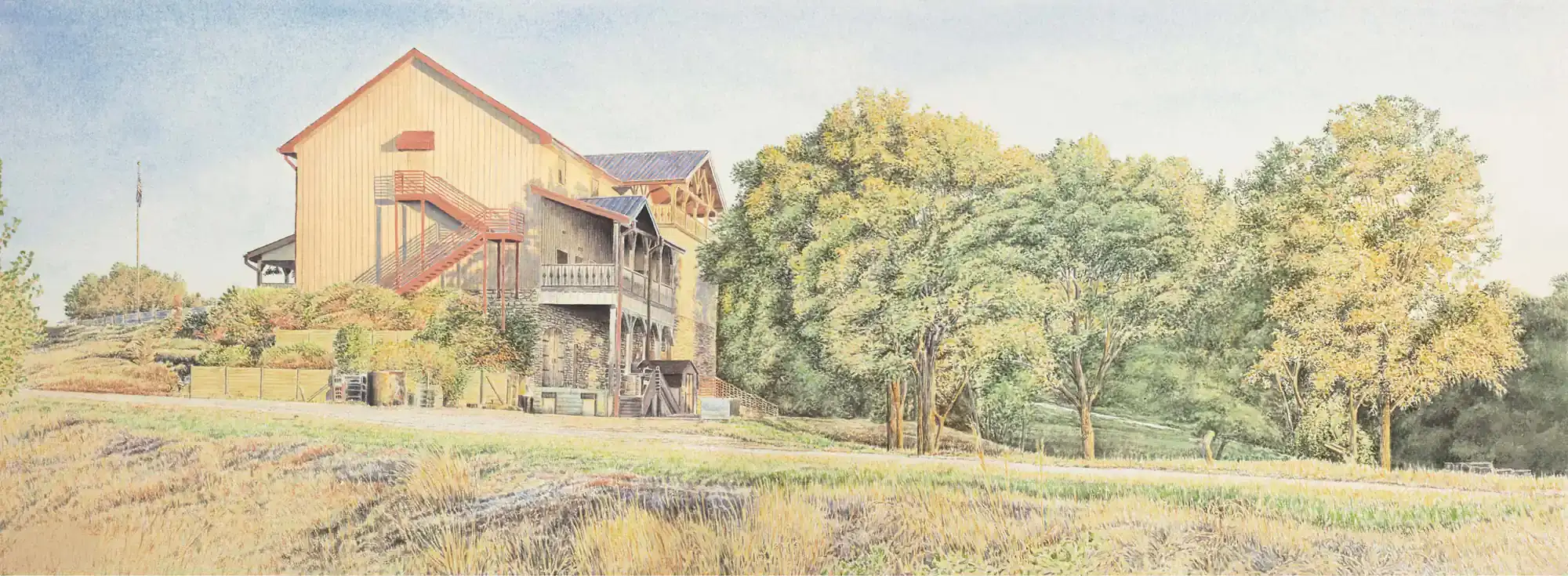 Watercolor painting of Valiant Vineyards winery overlooking the vineyard and Missouri River valley