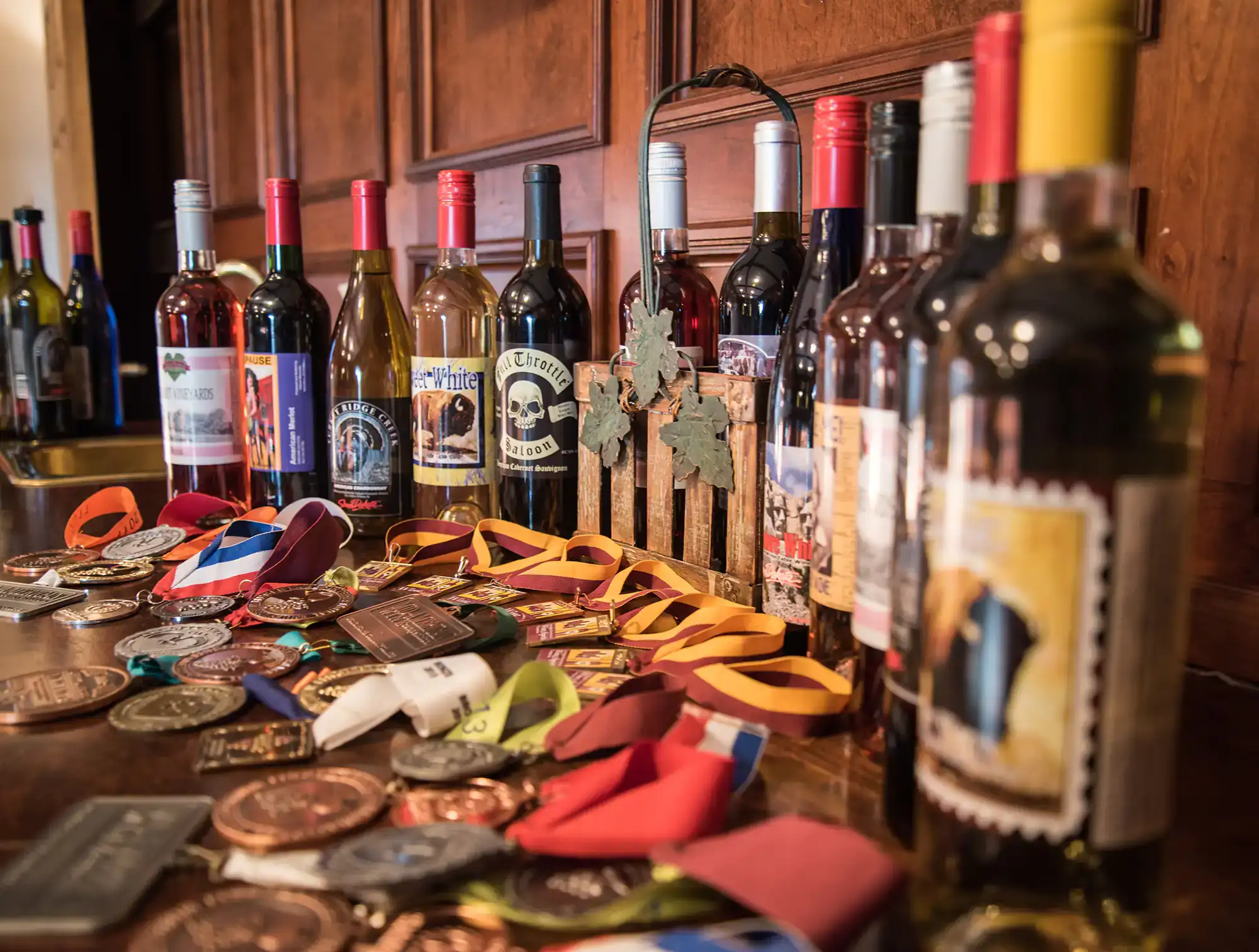 Award-winning Valiant Vineyards wine bottles with competition medals